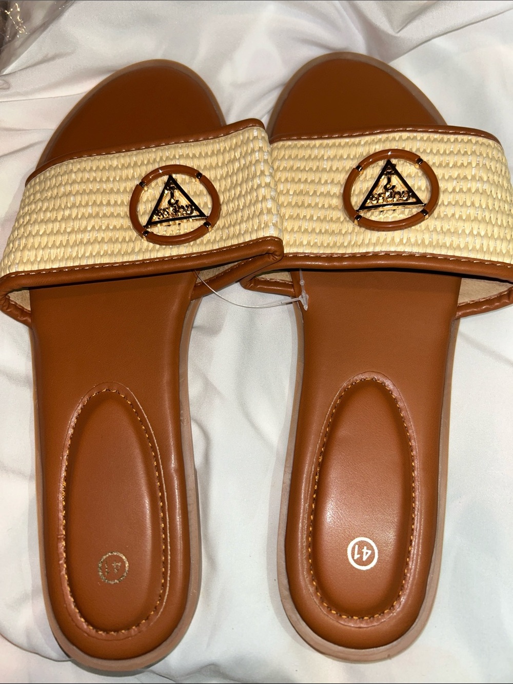 Woven Strap Slide Sandals in Tan and Cream